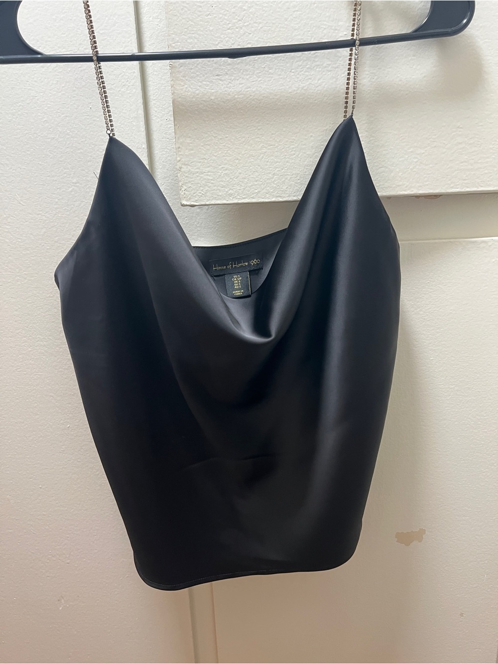 House of Harlow 1960 Black Satin Cowl Neck Camisole with Chain Straps